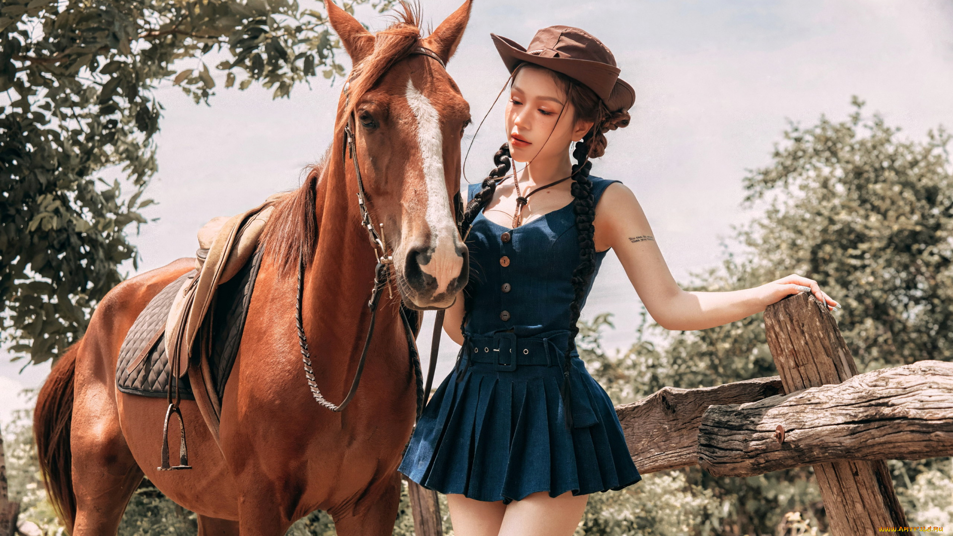 девушки, -, азиатки, азиатка, лошадь, платье, мини, тату, шляпа