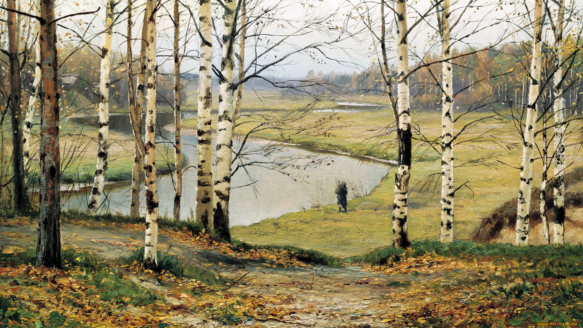 волков, ефим, -, октябрь, рисованное, ефим, волков, лес, деревья, березы, осень, тропа, река