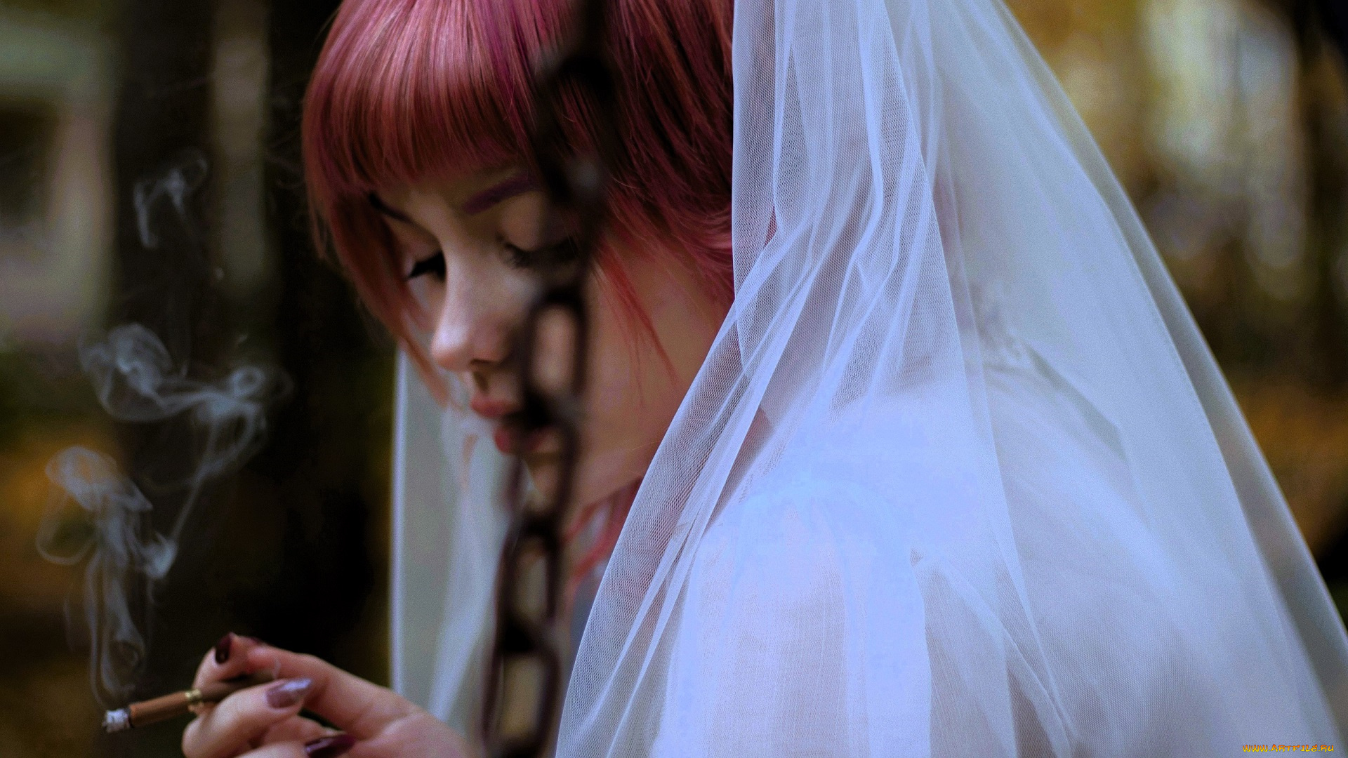 девушки, tenletters, образ, лицо, фата, невеста, сигареты, цепь