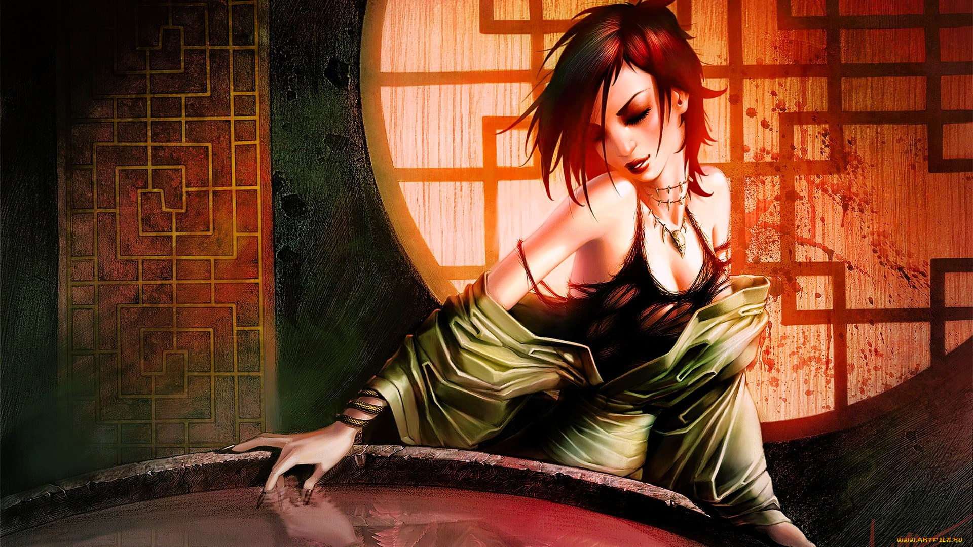 фэнтези, девушки, девушка, кровь, платье, дом, бочка, вода