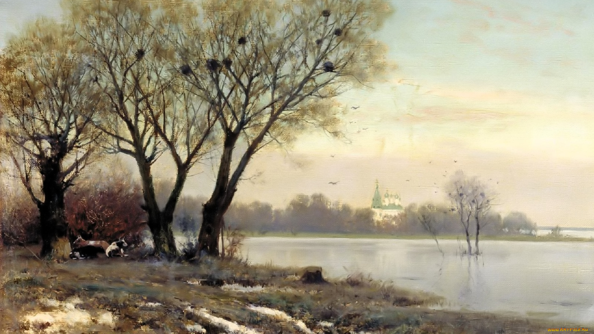 рисованное, константин, крыжицкий, весна, деревья, озеро, грязь