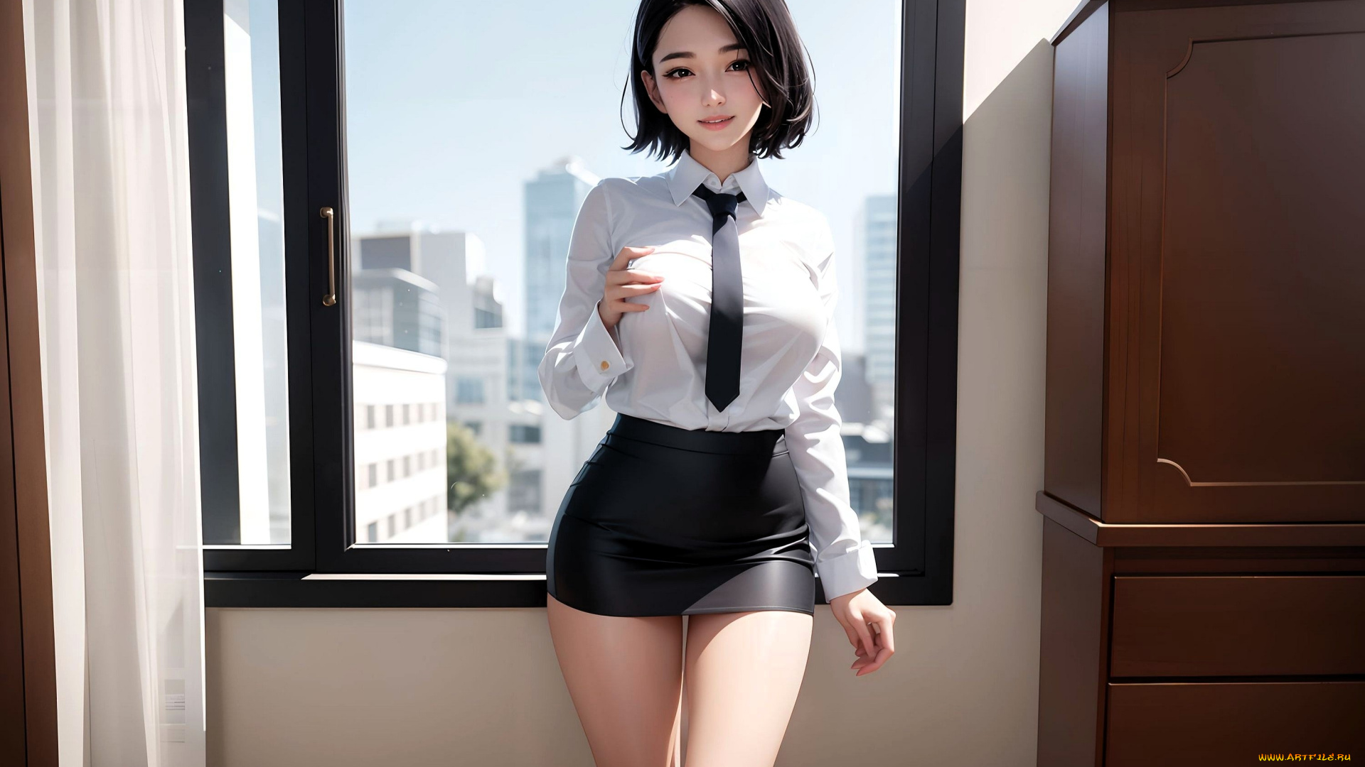 рисованное, люди, девушка, азиатка, рубашка, галстук, юбка, шкаф, окно