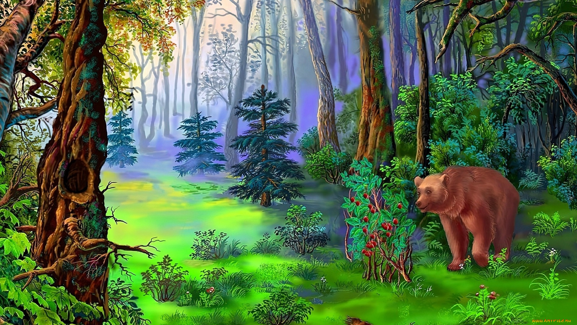 рисованное, виктор, цыганов, лес, бревно, медведь