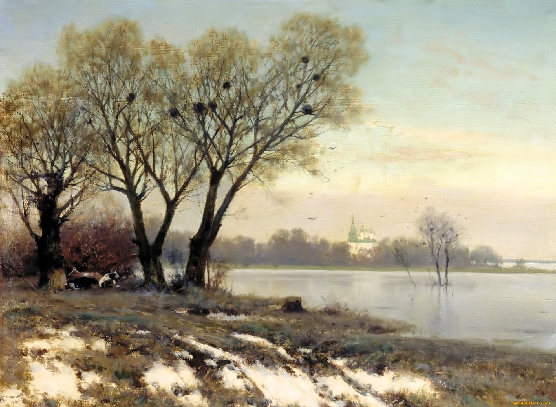 рисованное, константин, крыжицкий, весна, деревья, озеро, грязь