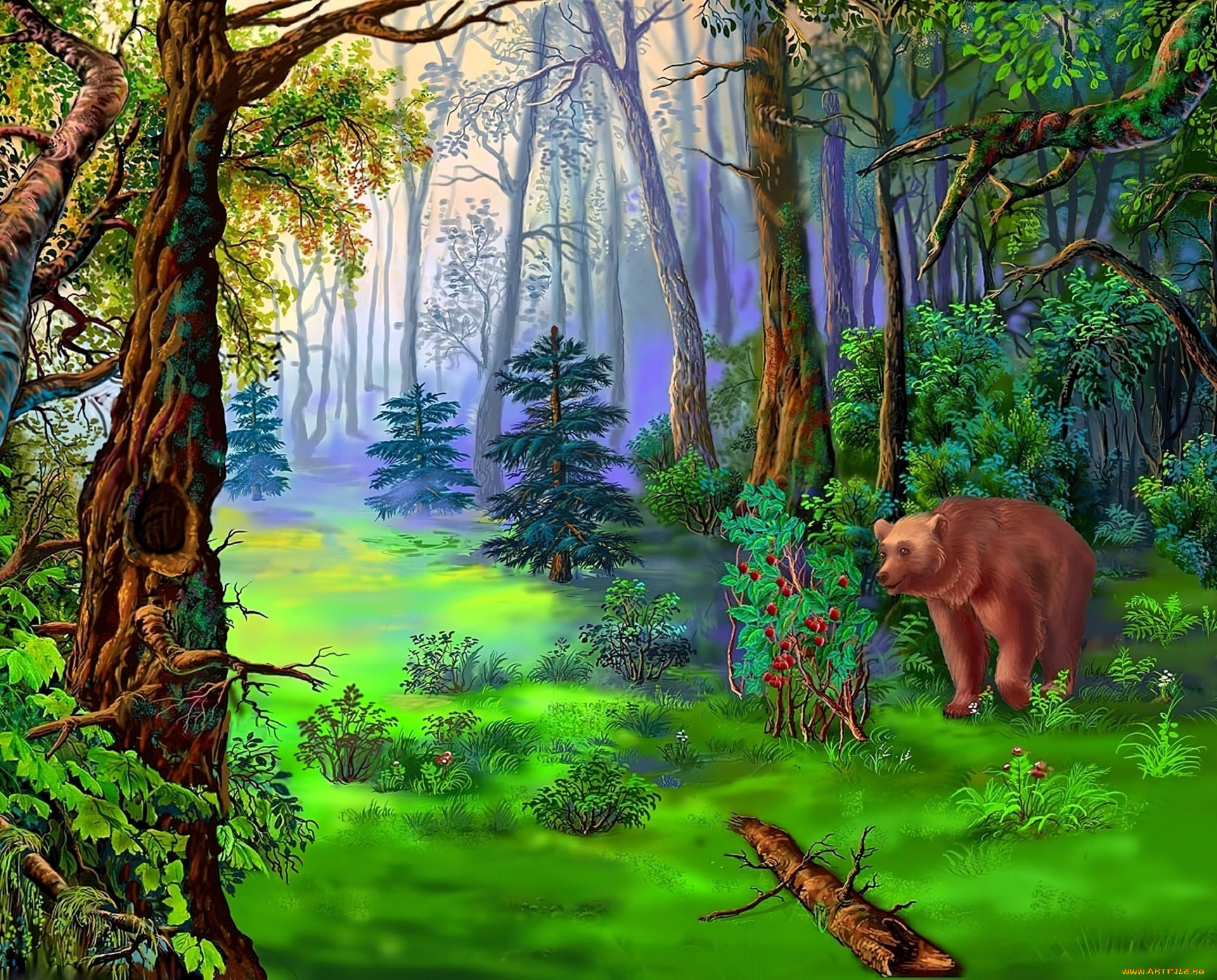 рисованное, виктор, цыганов, лес, бревно, медведь