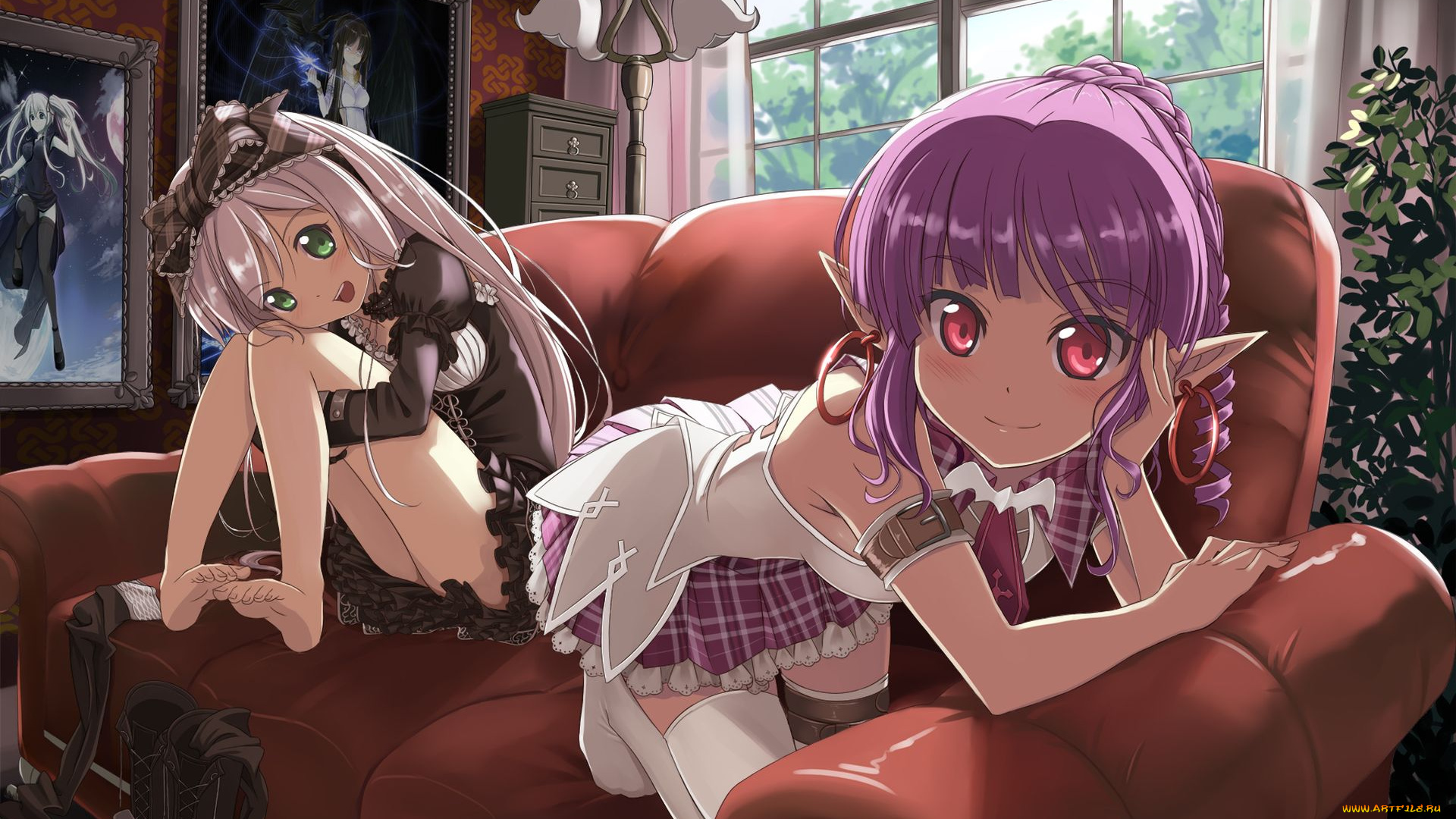 аниме, *unknown, другое, девушка, эльф, уши, комната, диван, окно, растение, люстра, картины, шкаф, платье, бант