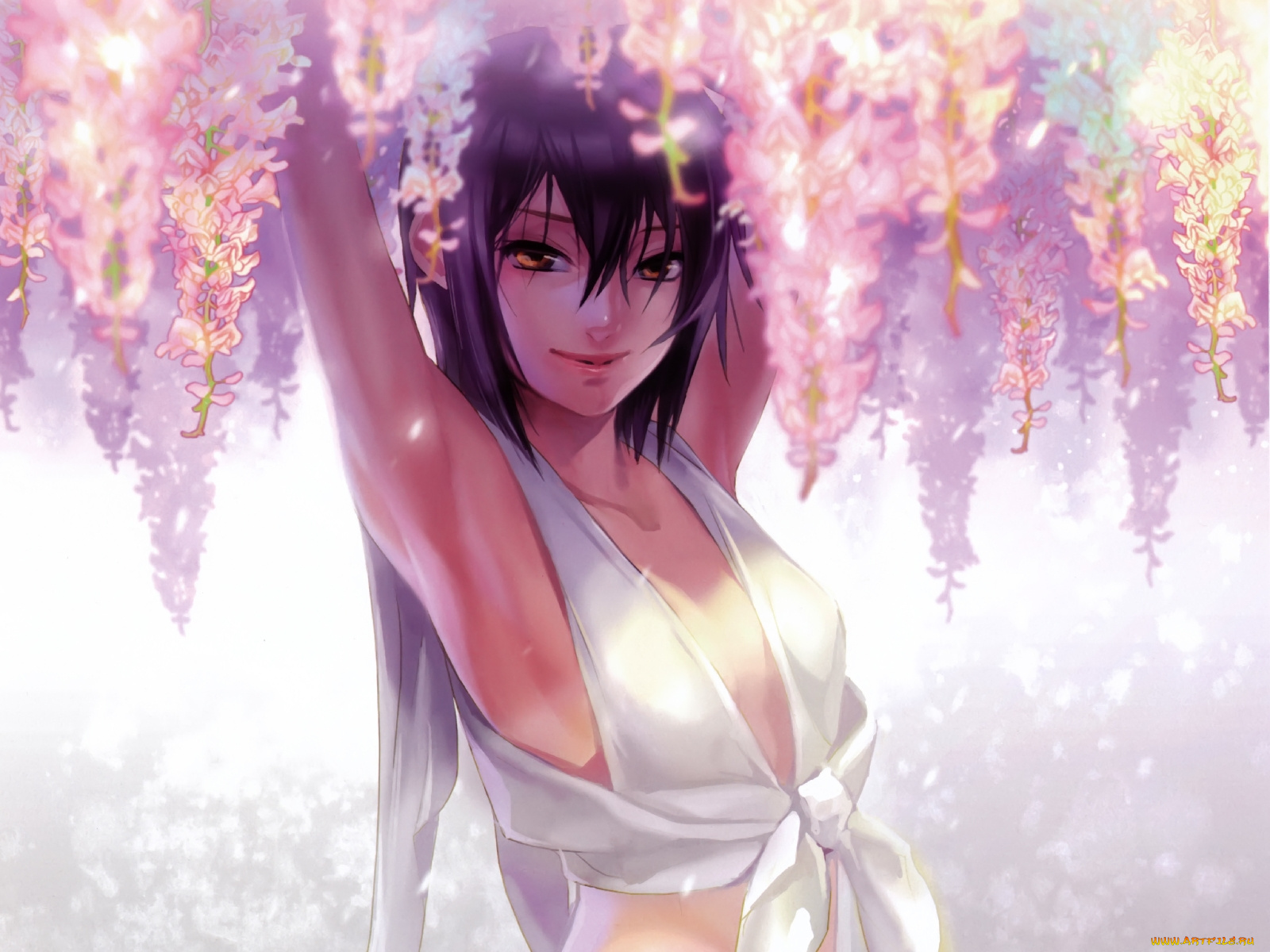 аниме, *unknown, другое, девушка, цветы, улыбка, сияние