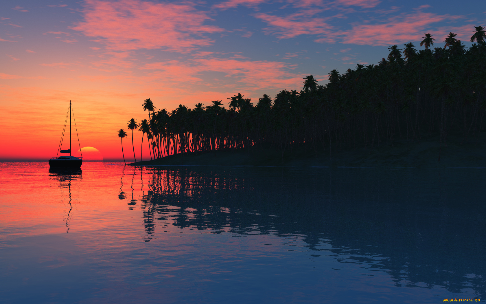 3д, графика, sea, undersea, море, пальмы, яхта, закат