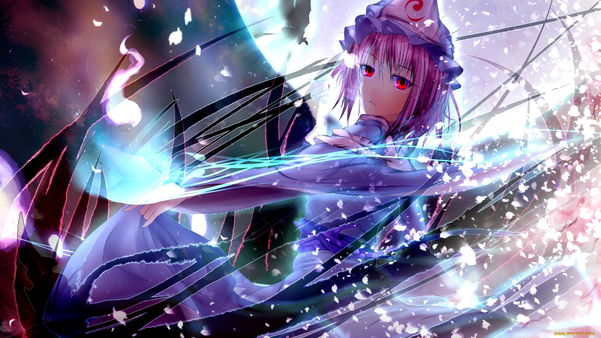 аниме, touhou, девушка, луна, бабочка, сияние