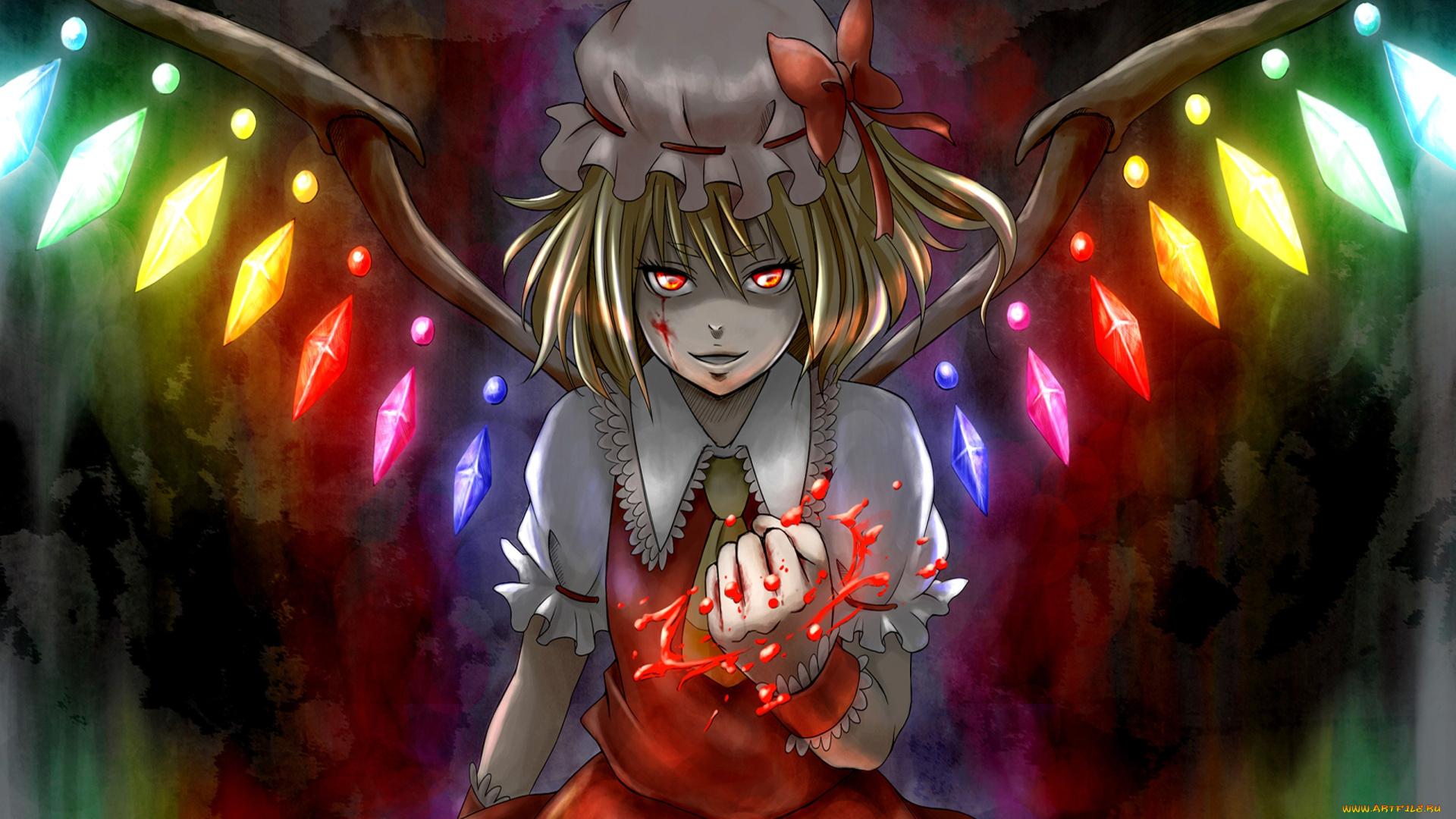 аниме, touhou, фландре, кровь, крылья, демон