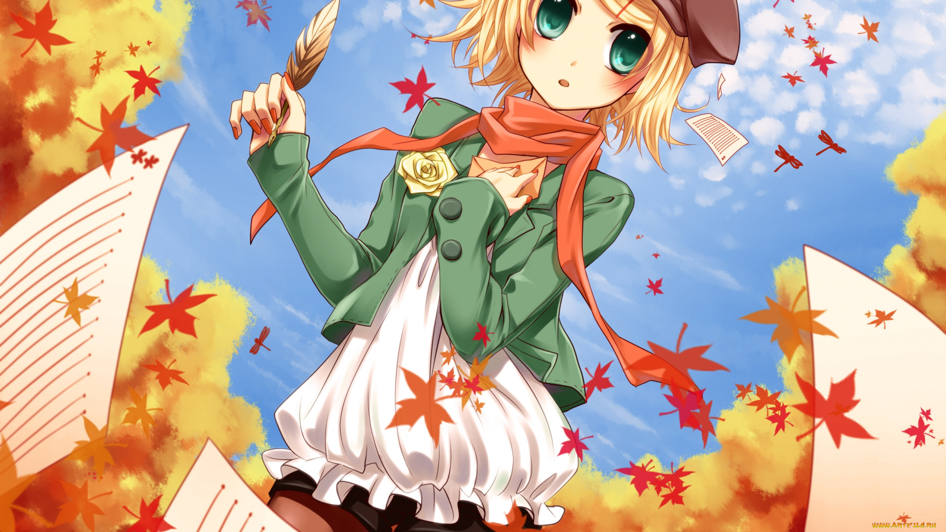 аниме, *unknown, другое, девушка, осень, листы, перо, небо
