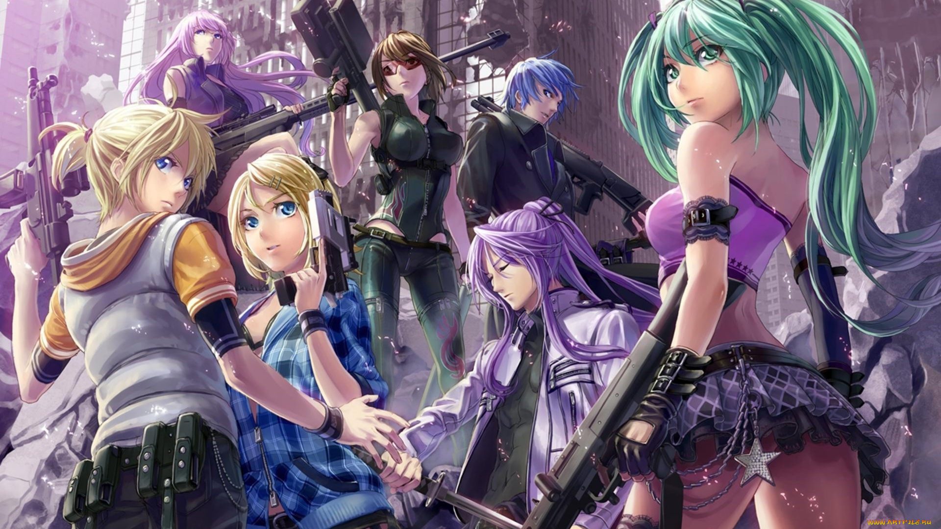 аниме, vocaloid, hatsune, miku, автомат, меч, kaito, kagamine, rin, город, оружие, megurine, luka, len