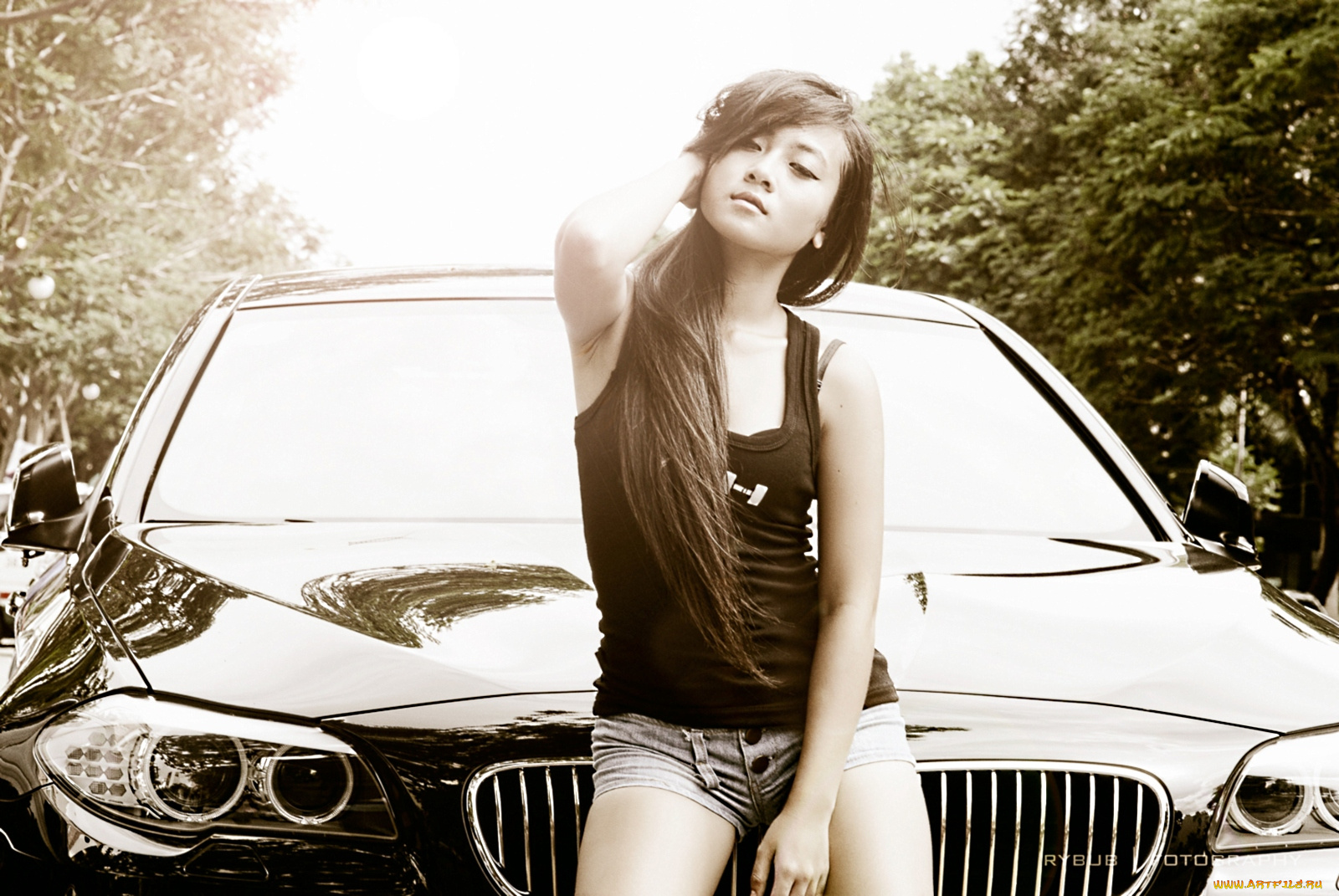 автомобили, авто, девушками, азиатка, волосы, шорты, бмв