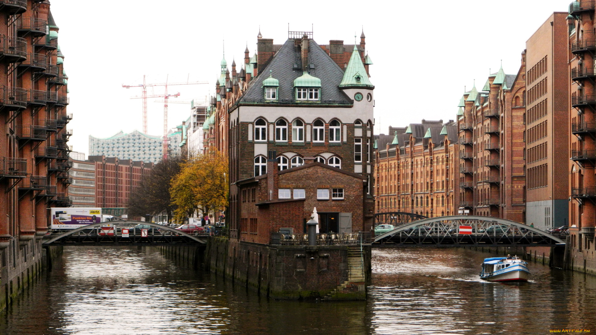 германия, гамбург, города, улицы, площади, набережные, дома, мосты, катер