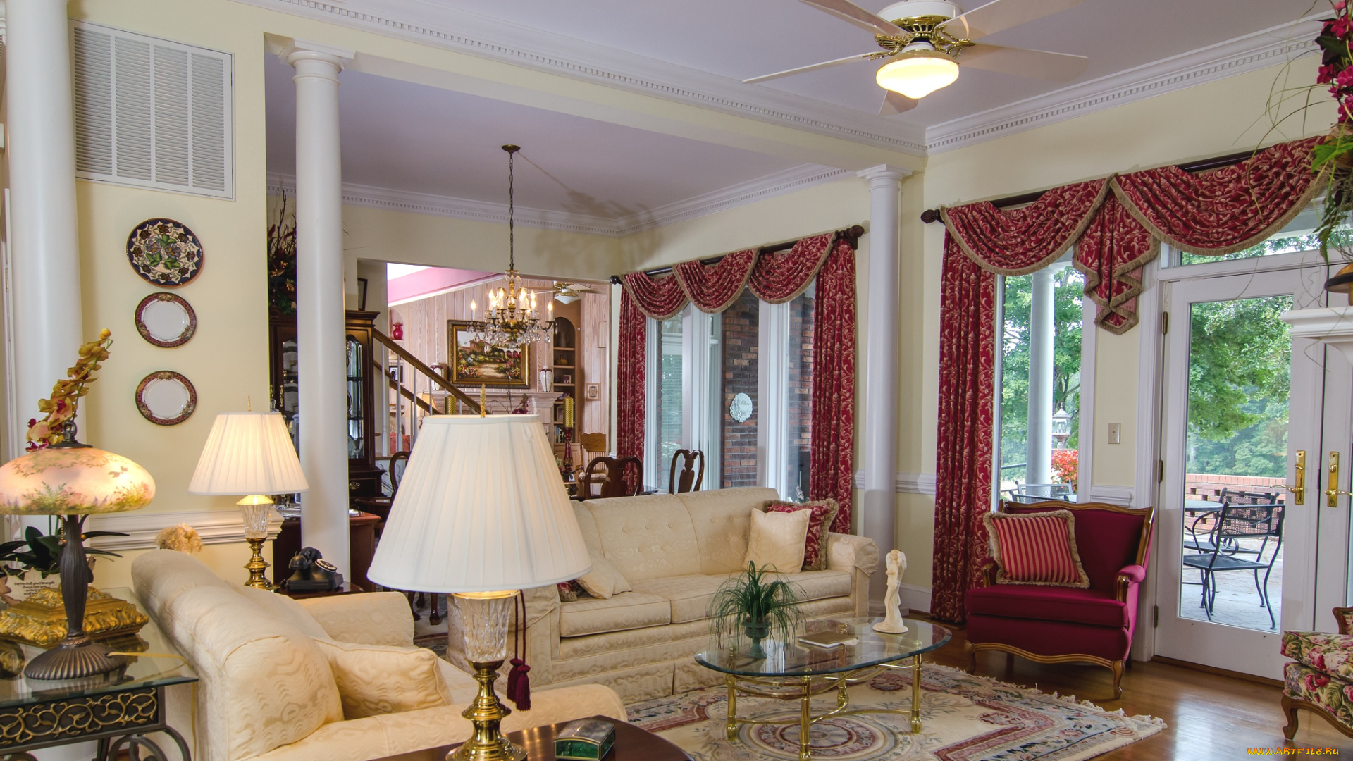 интерьер, гостиная, шторы, диваны, лампы