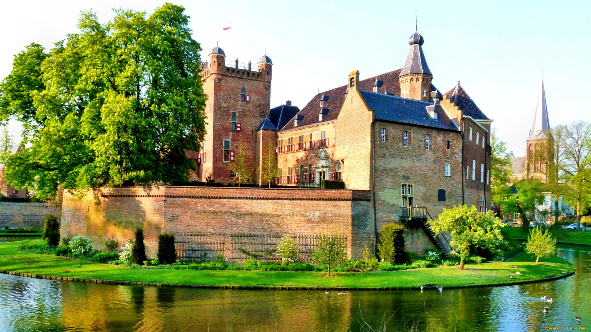 нидерланды, гелдерланд, города, дворцы, замки, крепости, лужайка, пруд, деревья, замок, парк, город
