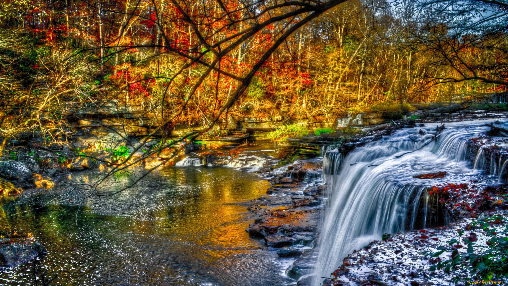 природа, реки, озера, водопад, лес, осень, листва, камни, деревья, перекаты, река