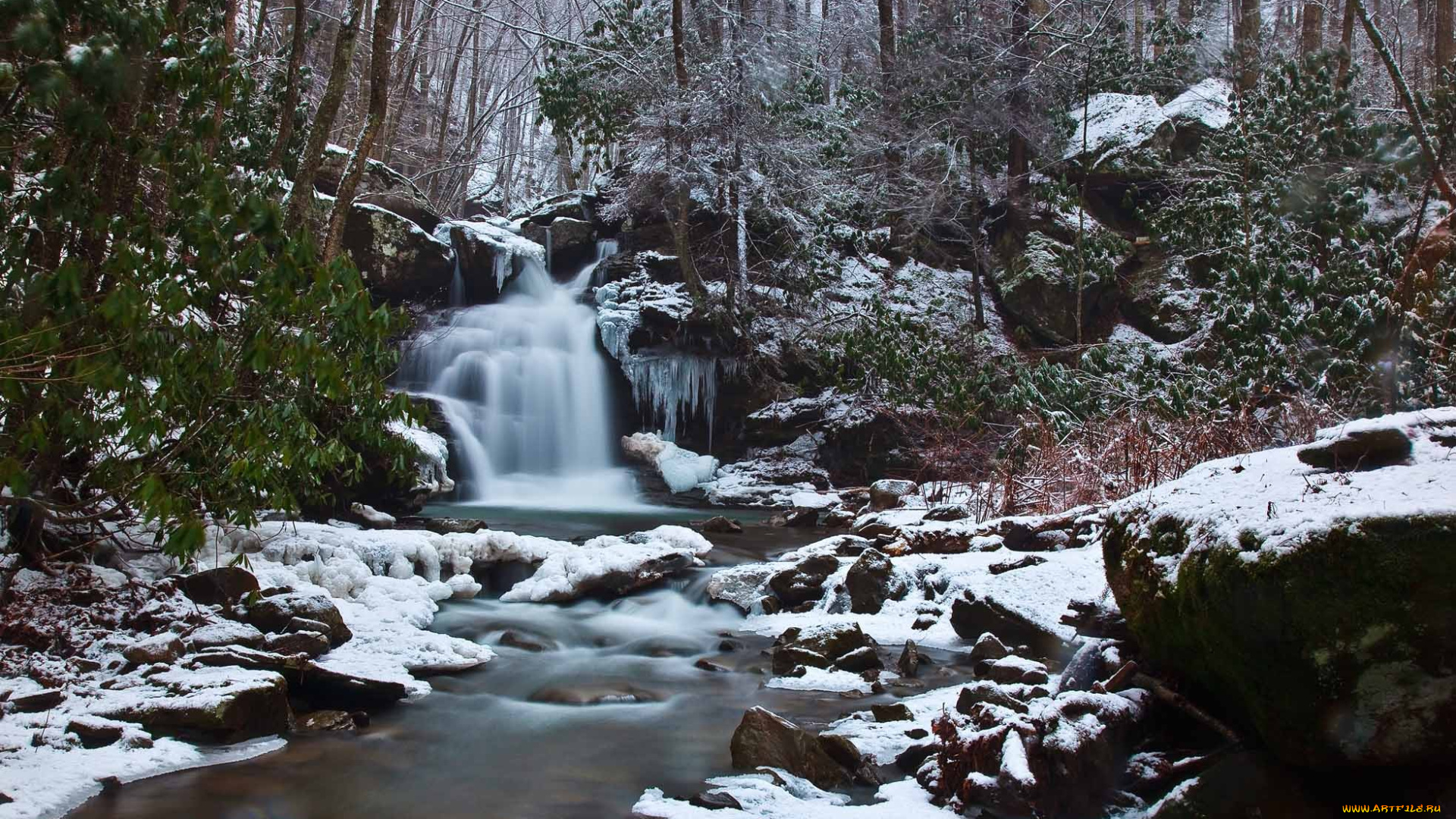 природа, водопады, лес, снег, камни, речка, водопад
