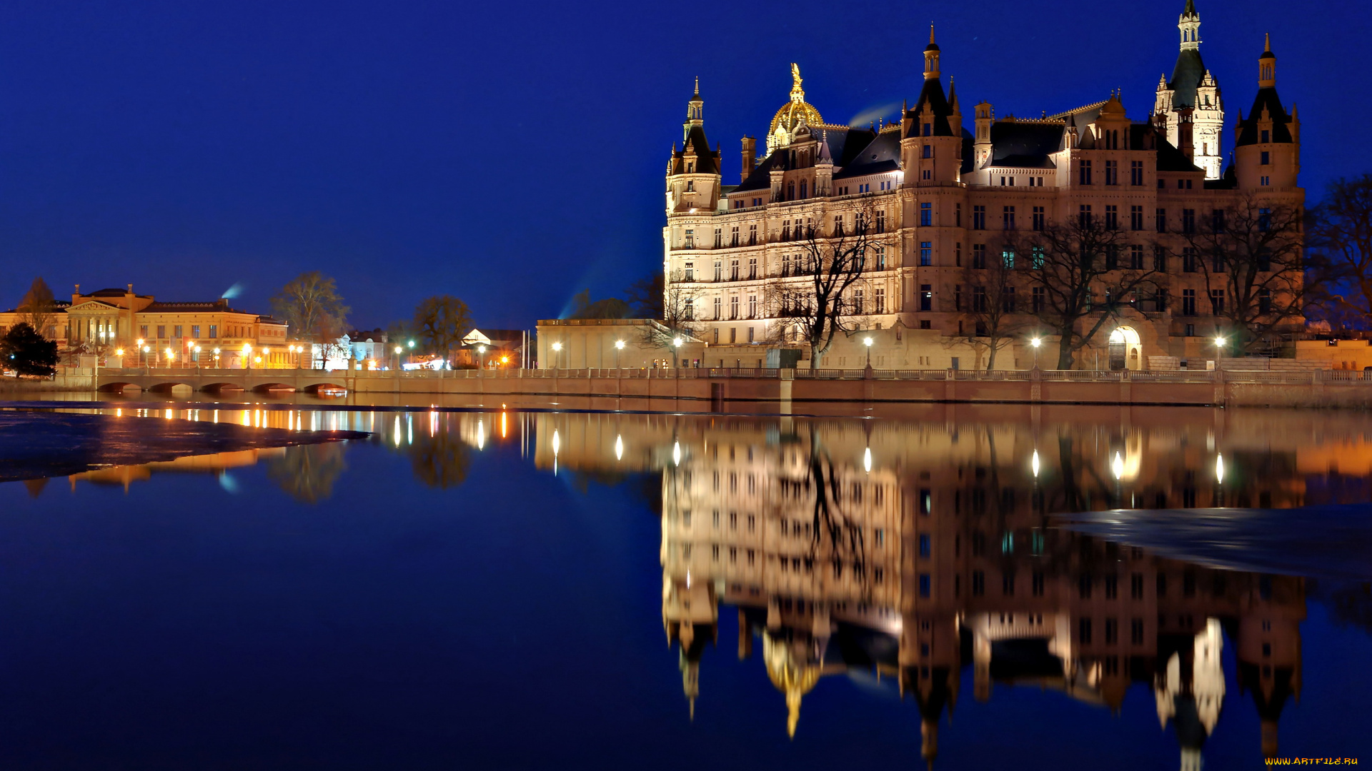 schwerin, castle, германия, города, замок, шверин, река, огни, ночь