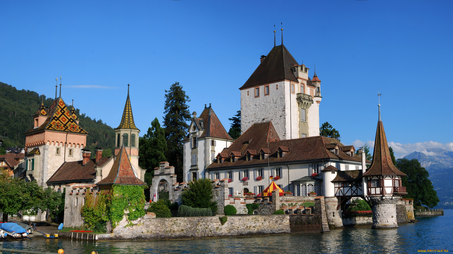 switzerland, lake, thun, города, дворцы, замки, крепости, горы, озеро, швейцария, замок