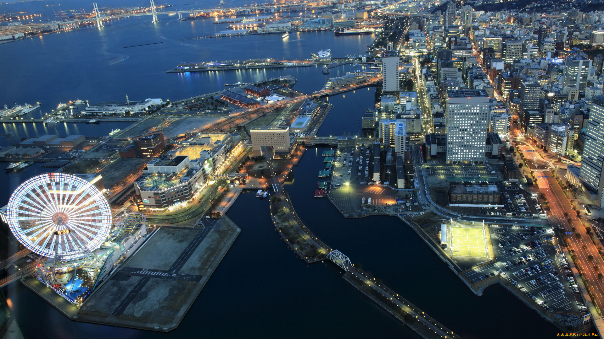 yokohama, Япония, города, йокогама, дома, дороги, огни, ночь, море