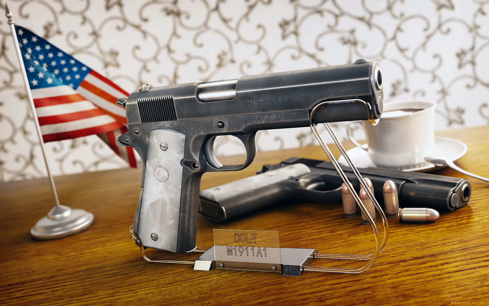 оружие, пистолеты, патроны, флаг