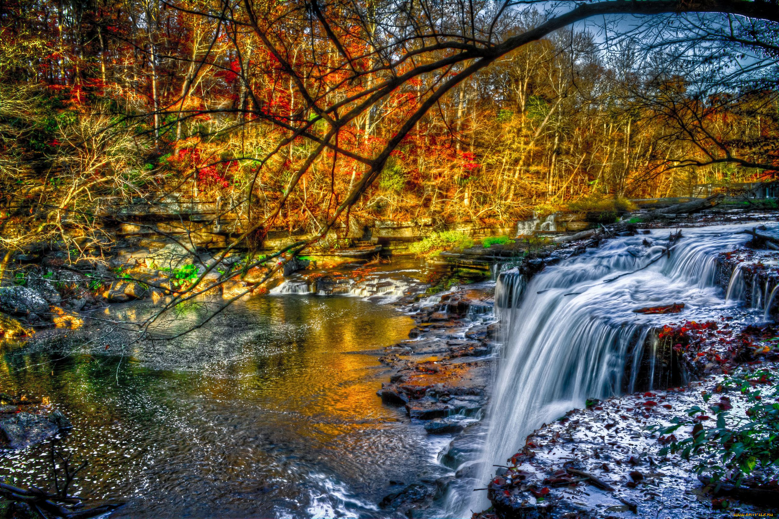 природа, реки, озера, водопад, лес, осень, листва, камни, деревья, перекаты, река