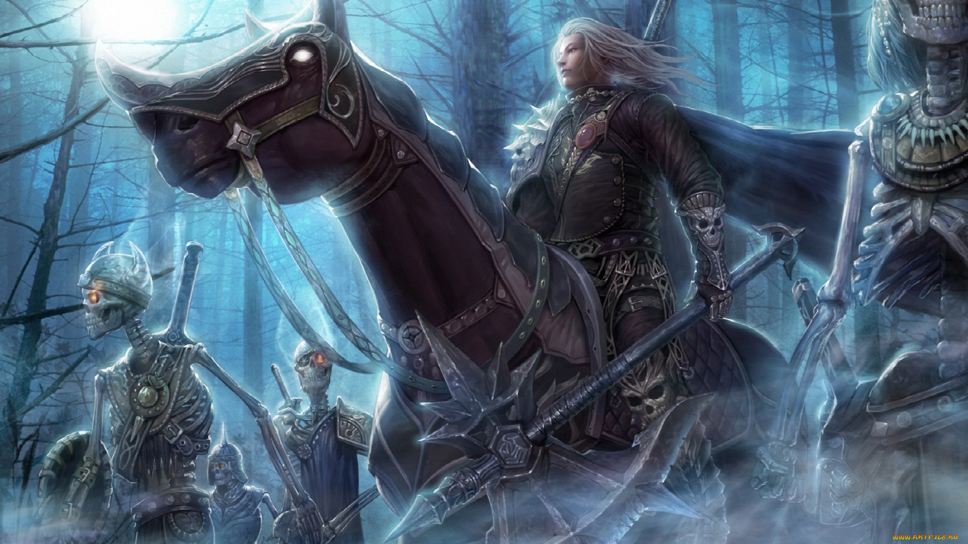 фэнтези, люди, всадник, арт, ночь, горящие, глаза, лес, оружие, конь, скелеты, нежить