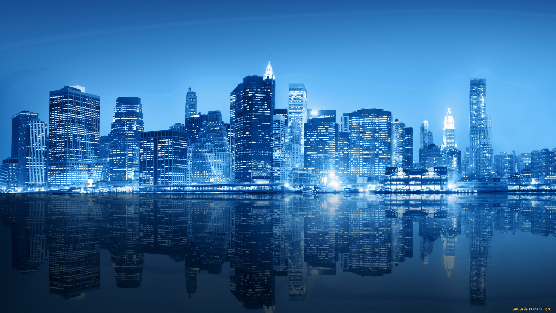 города, нью-йорк, , сша, огни, ночь, река, new, york, небоскребы