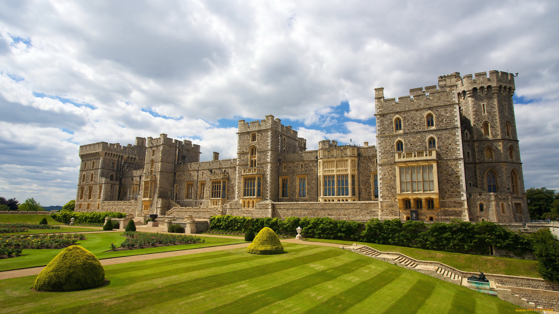 виндзорский, замок, города, замки, англии, кусты, газоны, виндзор, замок, цветы