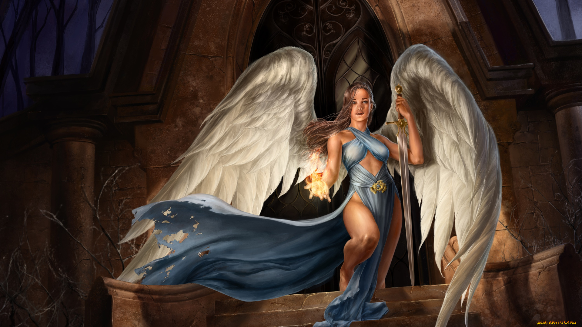 3д, графика, ангел, , angel, взгляд, девушка, меч, ангел, фон