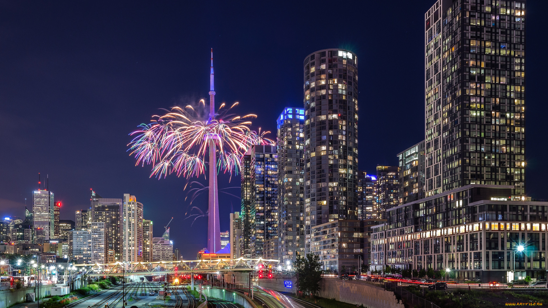 bathurst, bridge, -, toronto, города, торонто, , канада, фейерверк, ночь