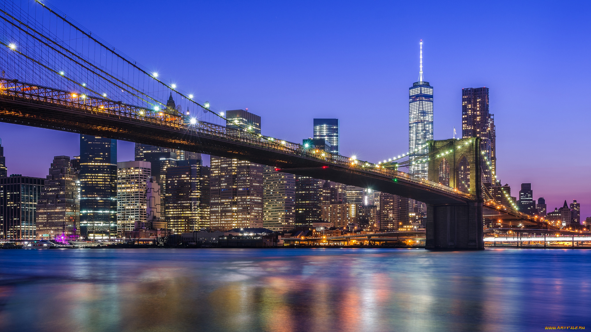 brooklyn, bridge, -, new, york, , ny, города, нью-йорк, , сша, ночь, мост, огни