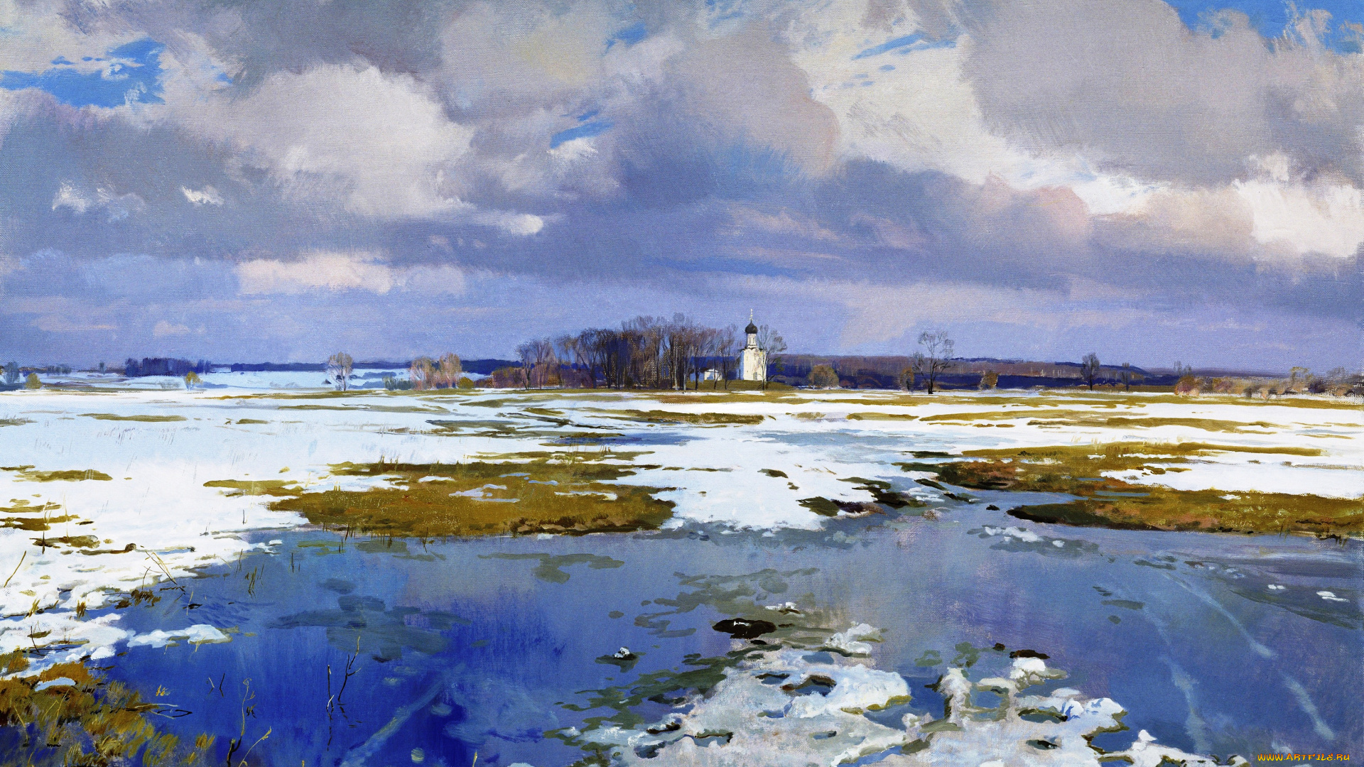 дорога, к, храму, рисованное, дмитрий, белюкин, небо, тучи, храм, весна, снег, лужи, проталины