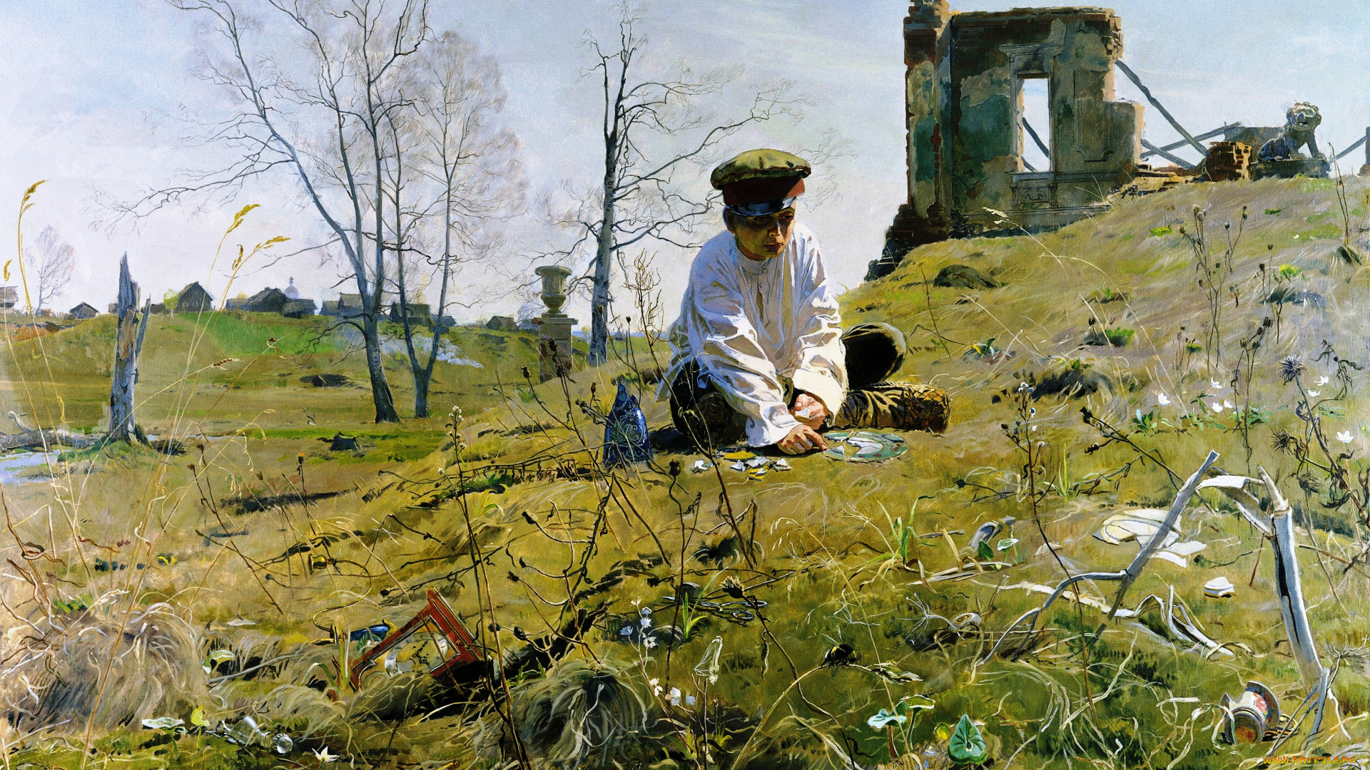 осколки, рисованное, дмитрий, белюкин, пустырь, склон, мальчик, развалины, мусор