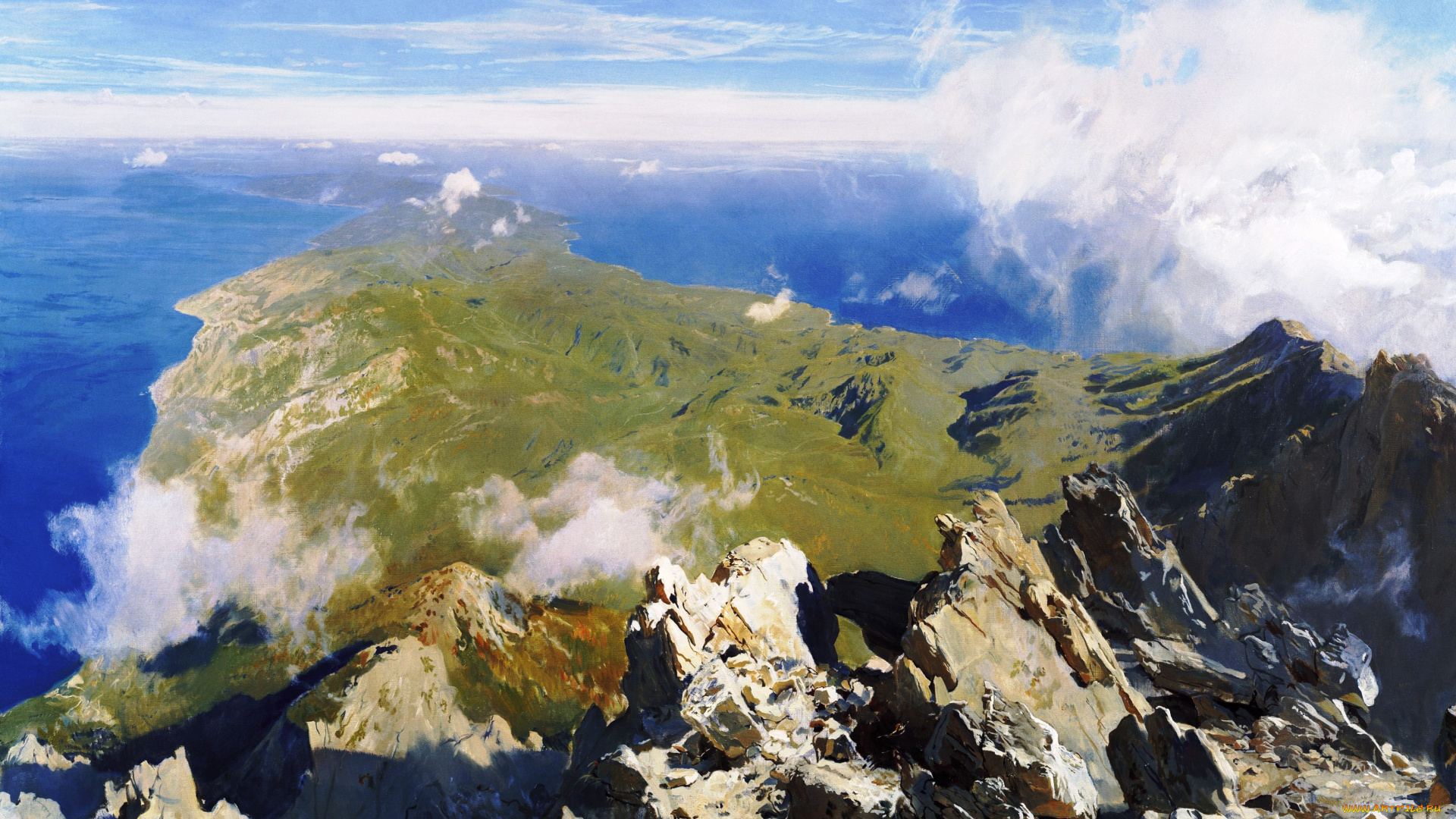 панорама, афона, с, вершины, святой, горы, рисованное, дмитрий, белюкин, высота, облака, скалы, горы