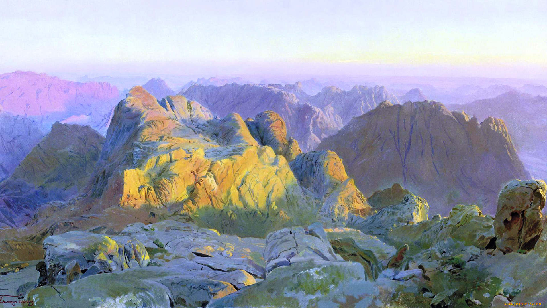рассвет, на, синае, рисованное, дмитрий, белюкин, камни, скалы, горы