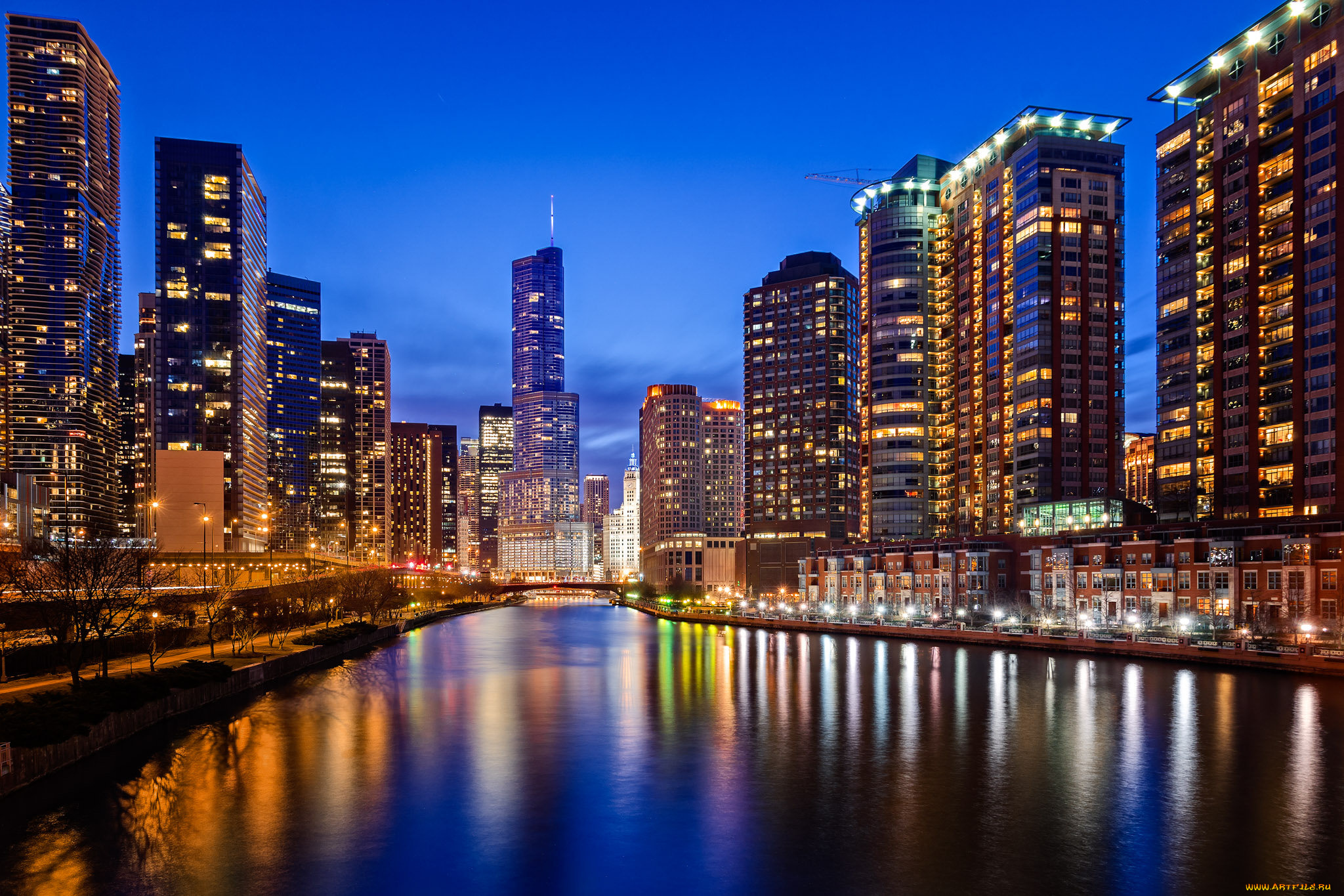 chicago, river, -, chicago, , il, города, Чикаго, , сша, ночь, река, небоскребы