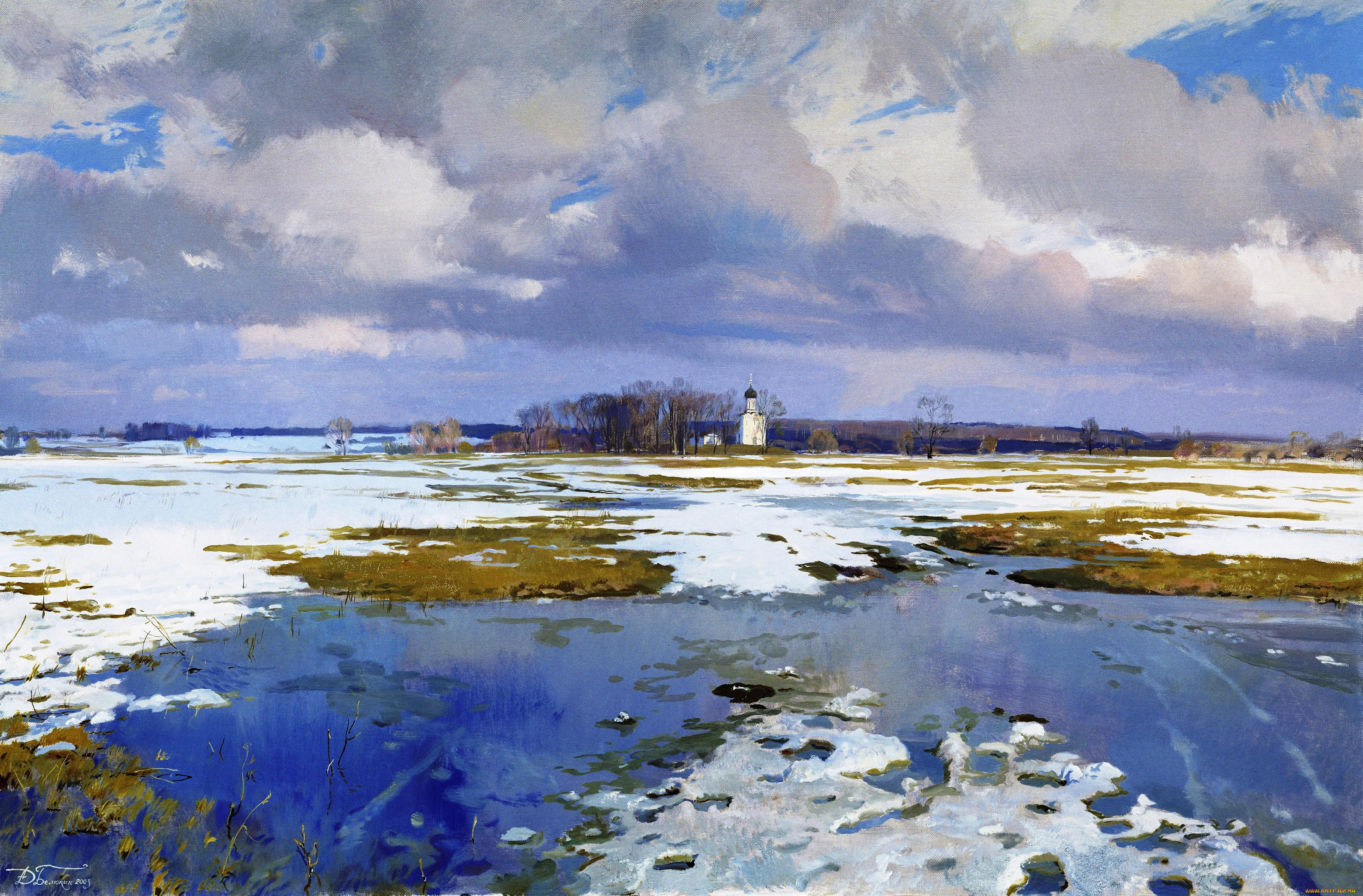 дорога, к, храму, рисованное, дмитрий, белюкин, небо, тучи, храм, весна, снег, лужи, проталины