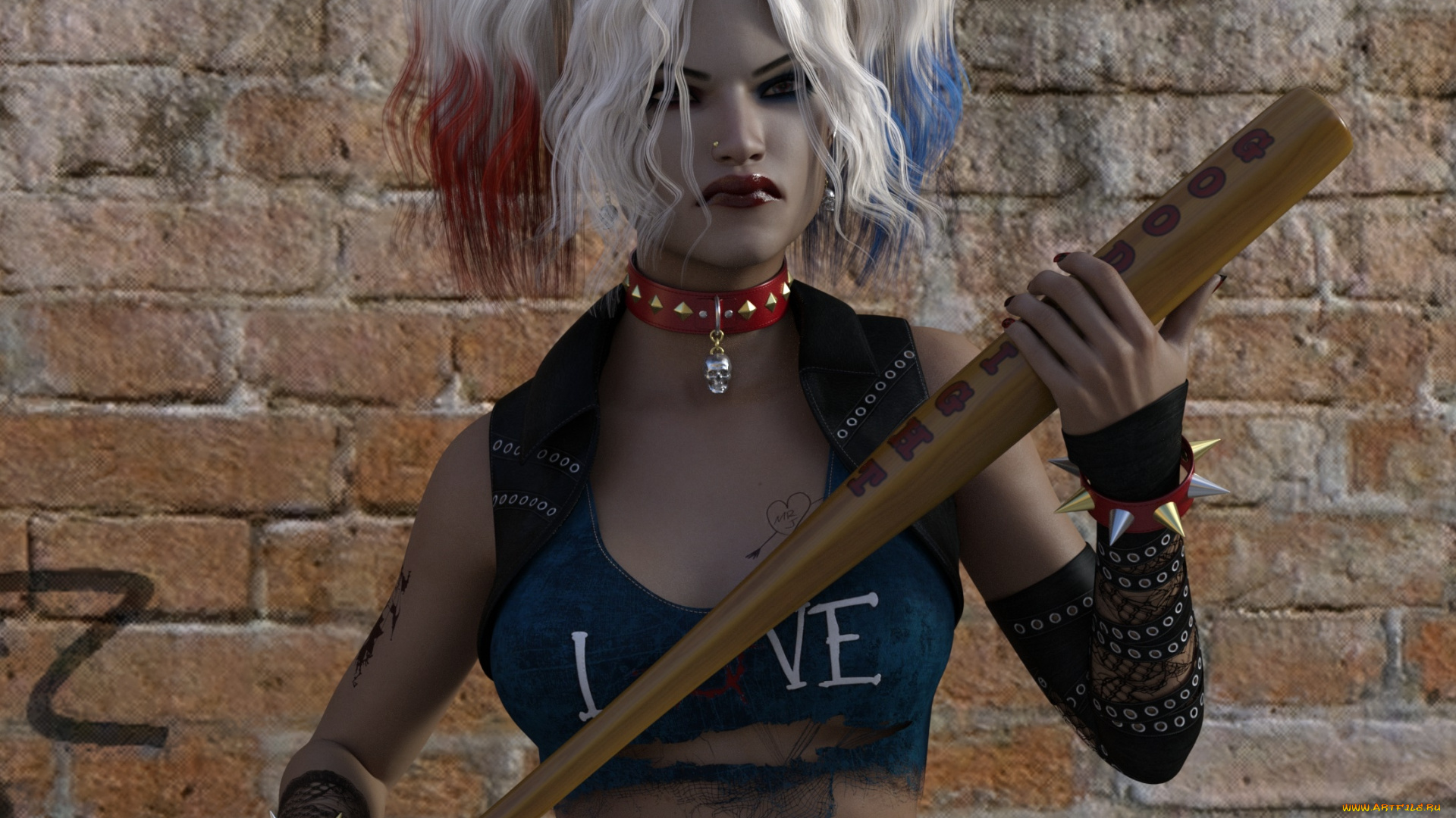 3д, графика, фантазия, , fantasy, девушка, фон, взгляд, бита