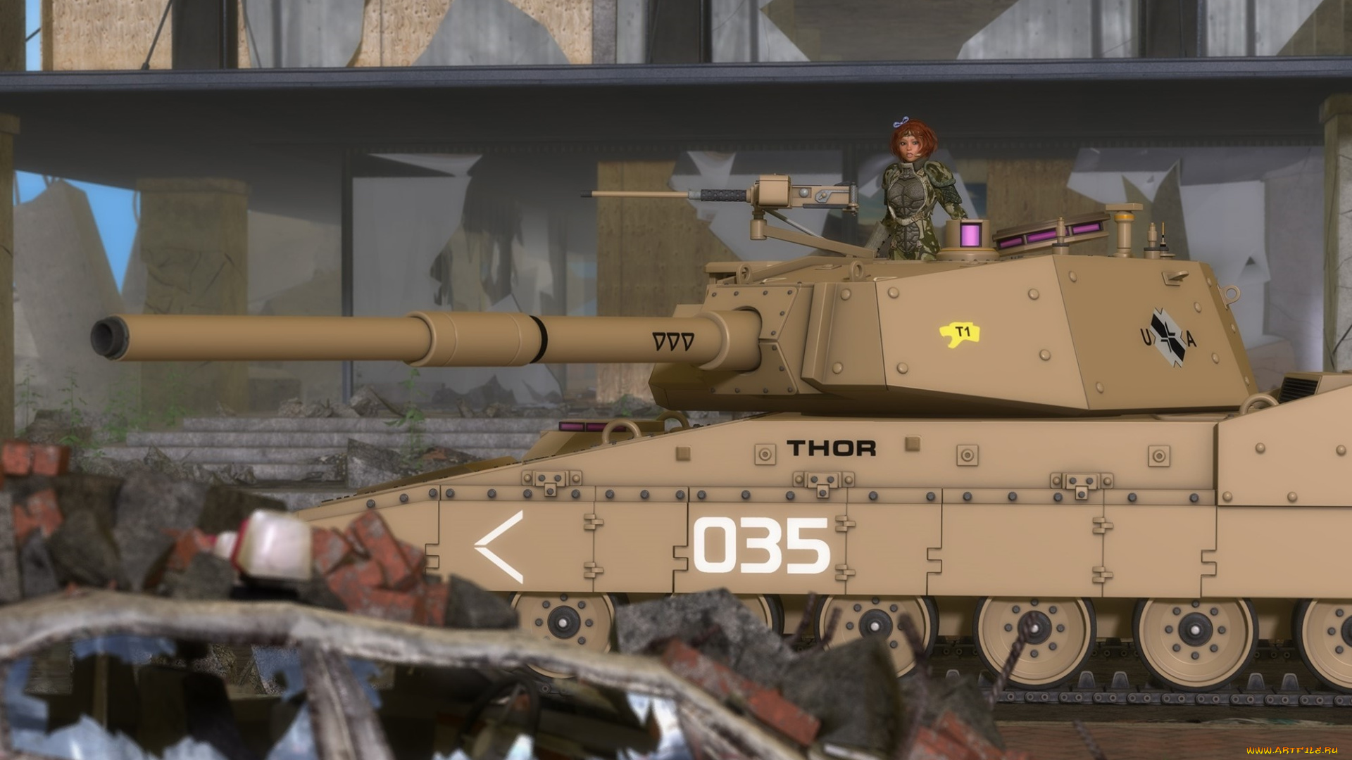 3д, графика, фантазия, , fantasy, взгляд, девушка, фон, танк