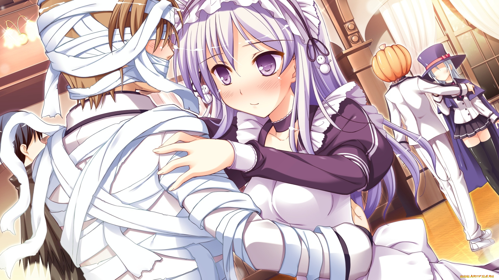 аниме, магия, , колдовство, , halloween, хеллоуин, праздник, парень, хеллуин, маскарад, танец, helloween, пара, тыква, бинт, девушка, балл, карнавал, костюм