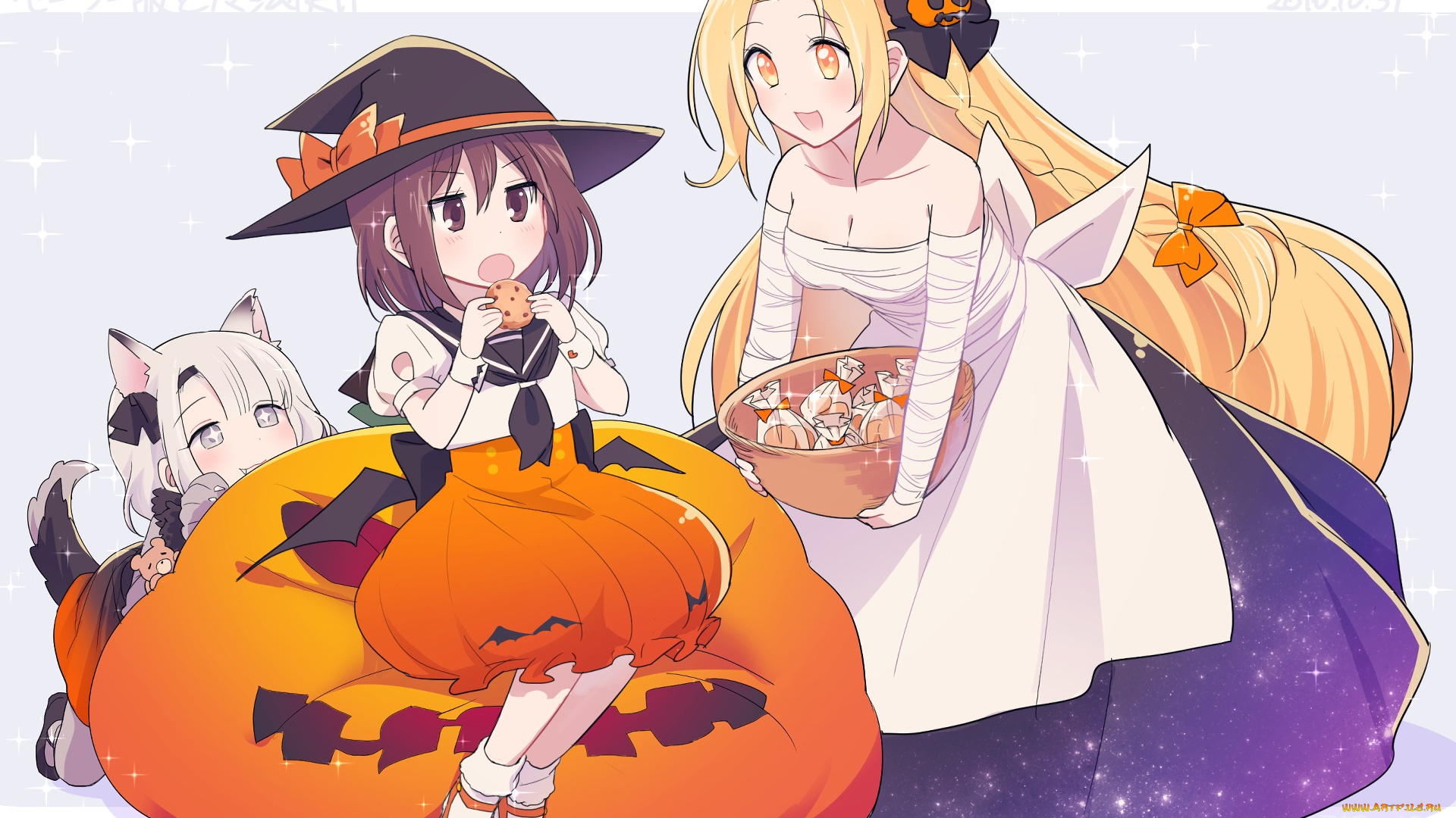 аниме, магия, , колдовство, , halloween, взгляд, девушка, фон