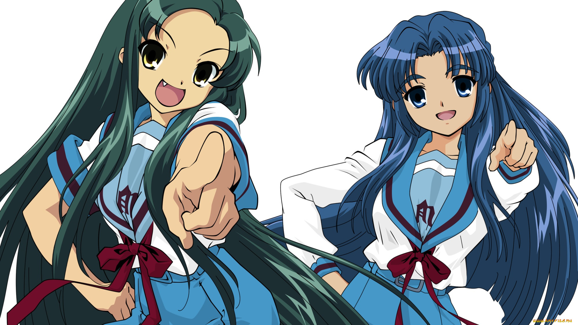 аниме, the, melancholy, of, haruhi, suzumiya, девушки, взгляд, фон