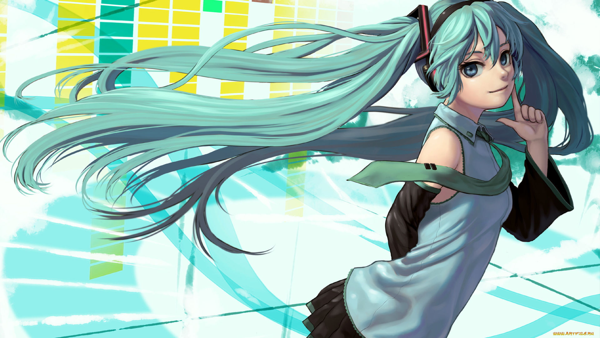 аниме, vocaloid, девушка, взгляд, фон