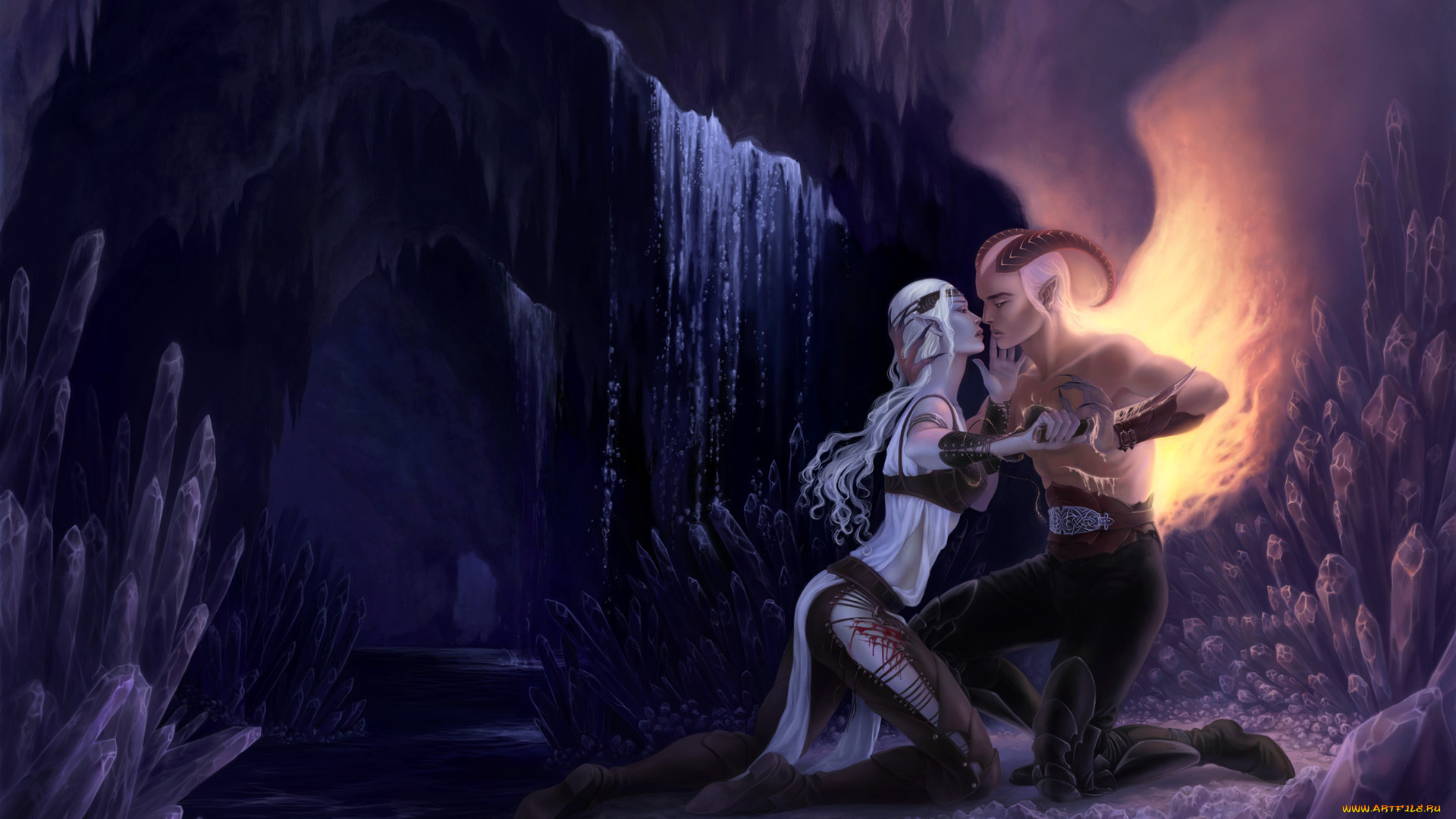 фэнтези, демоны, страсть, водопад, кристаллы, убийство, девушка, демон, нож