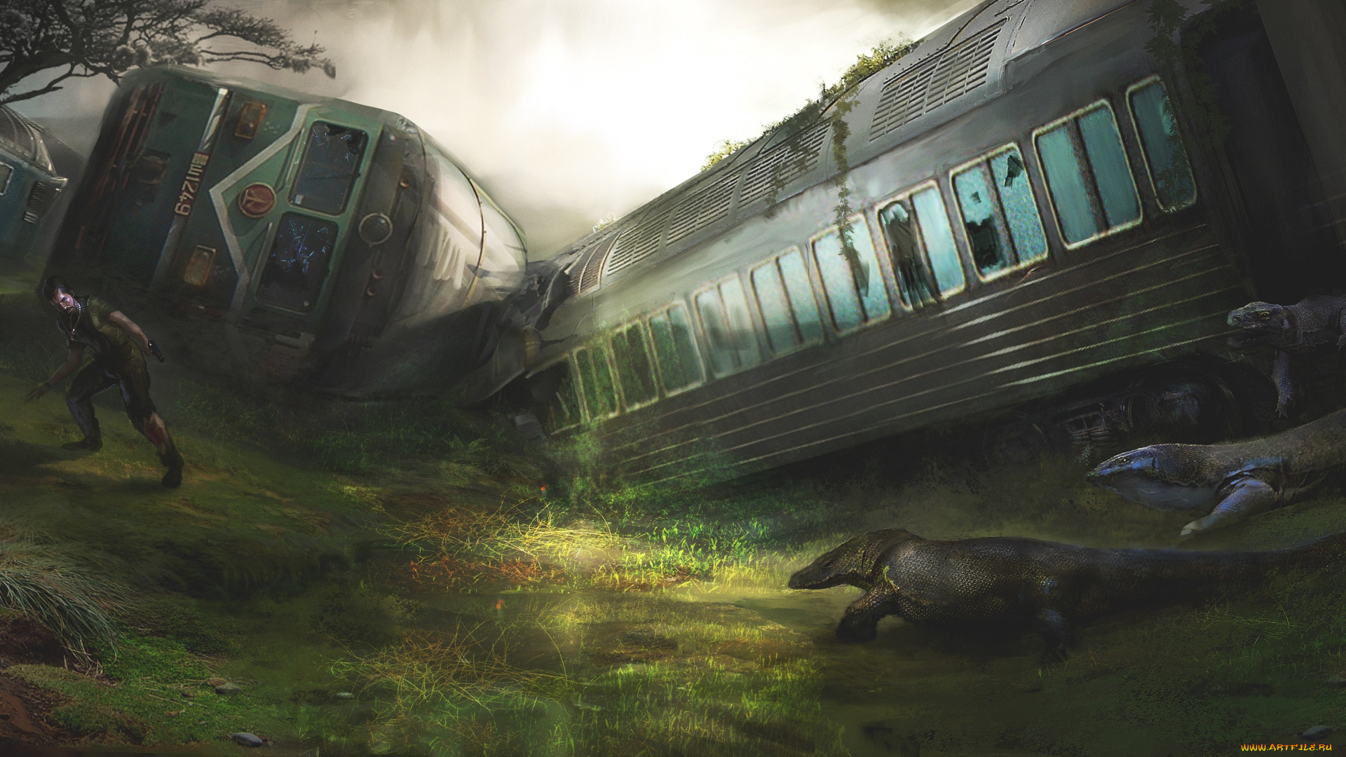 фэнтези, иные, миры, , иные, времена, арт, вагоны, крушение, ящеры, поезд, человек, мужчина