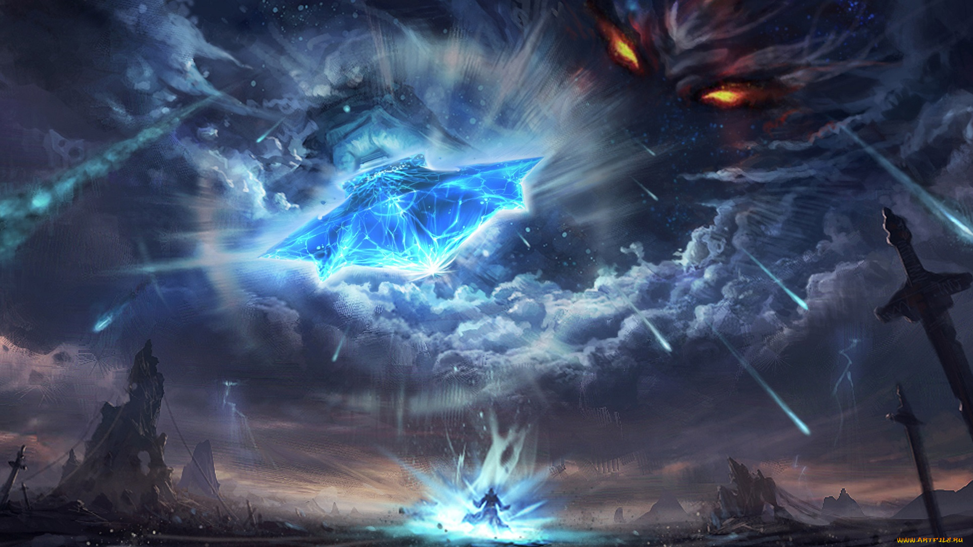 фэнтези, маги, , волшебники, оружие, бог, небо, арт, метеориты, карающий, божество, человек, меч, feng, liu, pursue, глаза, облака