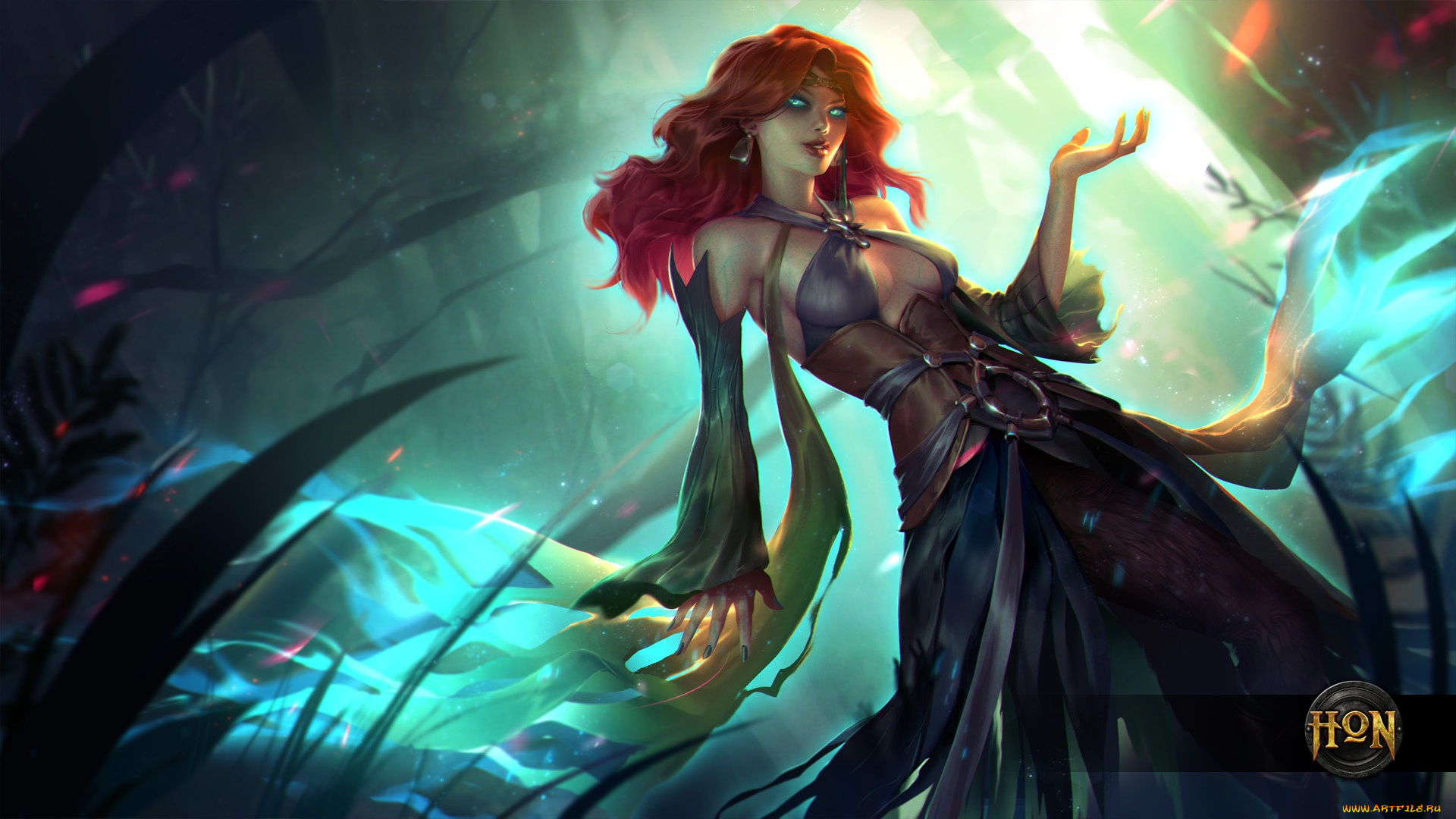 видео, игры, heroes, of, newerth, девушка, грудь, defiler, green, lady, арт, рыжая, hon, платье, heroes, of, newerth