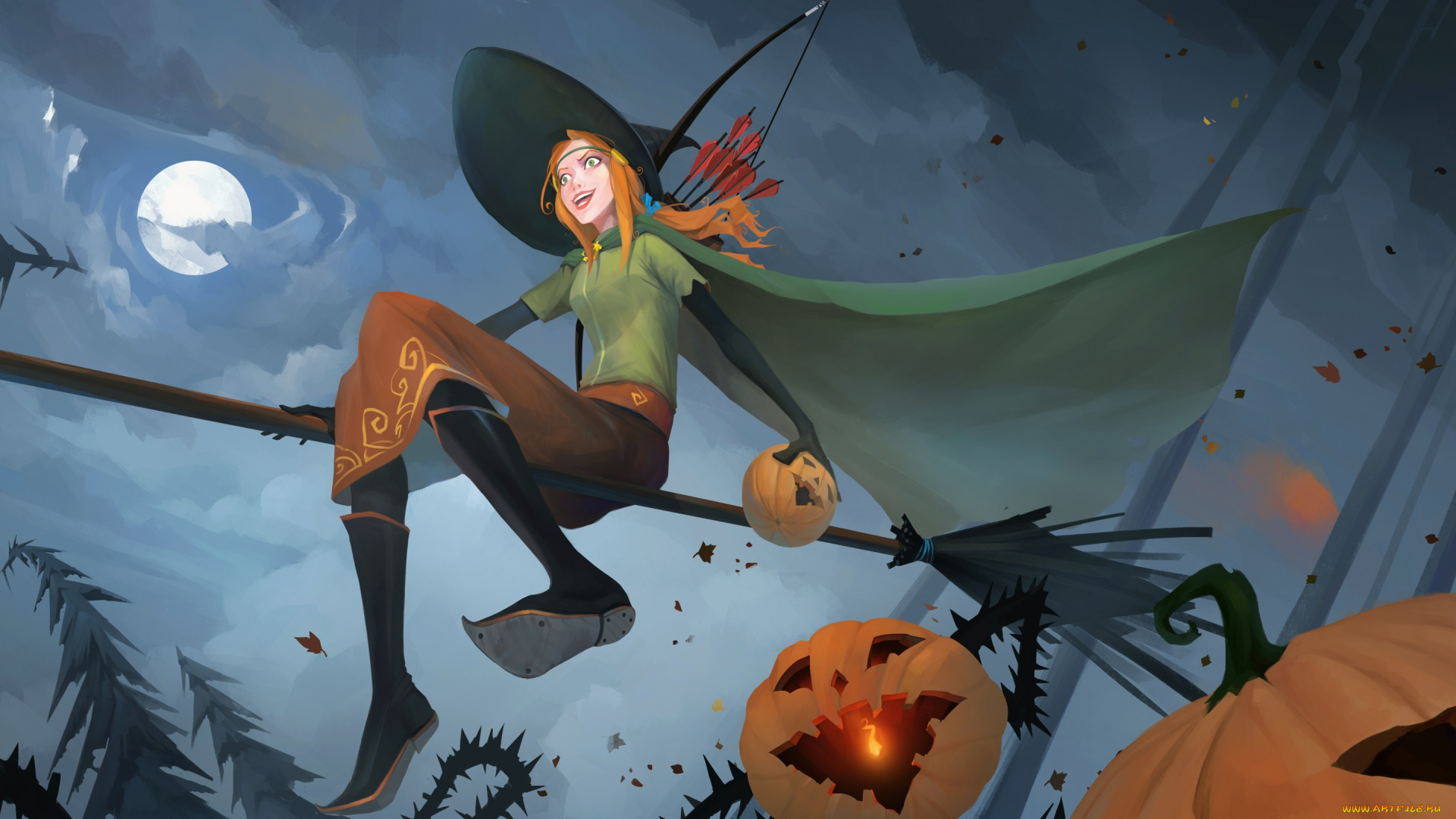 видео, игры, the, banner, saga, banner, saga, лучница, метла, праздник, полнолуние, шляпа, ведьма, alette, арт, стрелы, ночь, тыква, halloween